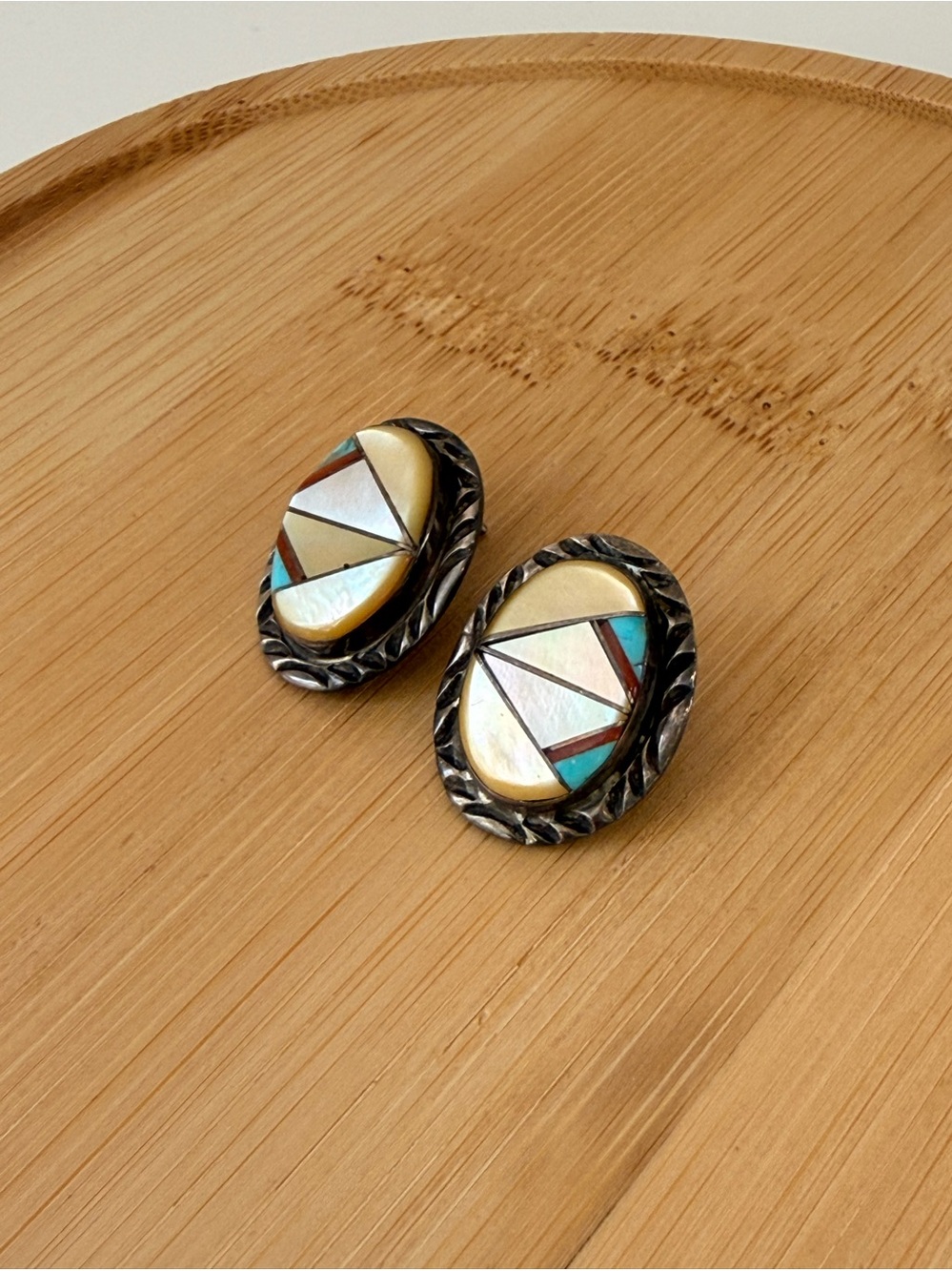 Antique/vintage Zuni Silver multi stone Geometric Stud Earrings